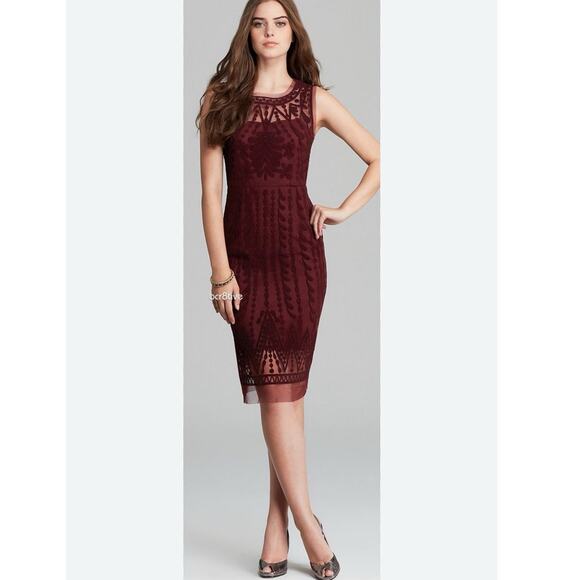 Catherine Malandrino Favorites Embroidered Mesh Lace Sheath Dress Burgundy Sz 2 - Picture 1 of 8
